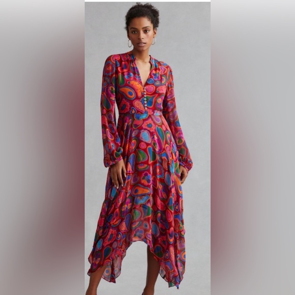 Farm Rio  Lisa Print  Red Midi Dress Anthropologie NEW XS - Picture 1 of 11